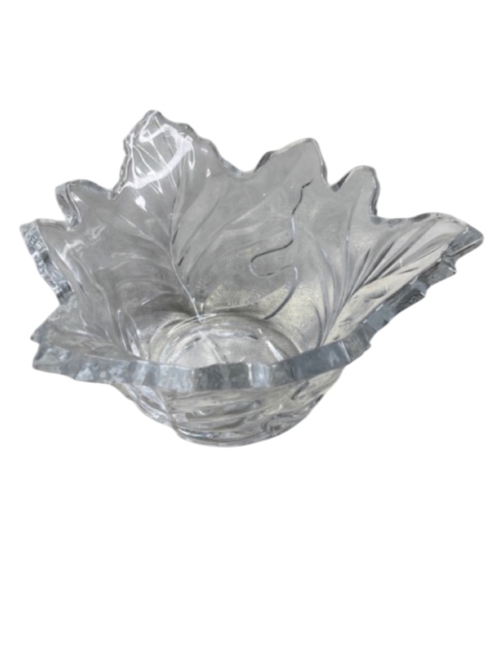 Vintage Leaf-Shaped Bowl Candle Holder Thick Clear Cut Glass